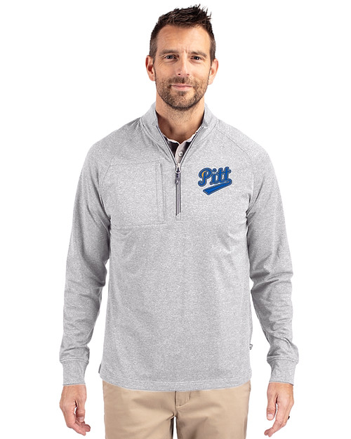 Pitt Panthers College Vault Cutter & Buck Adapt Eco Knit Heather Mens Big & Tall Quarter Zip Pullover Polished Heather Front