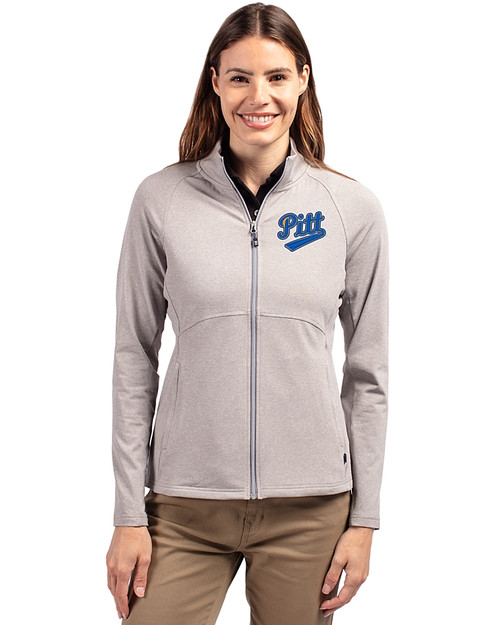 Pitt Panthers College Vault Cutter & Buck Adapt Eco Knit Heather Recycled Womens Full Zip Polished Heather Front