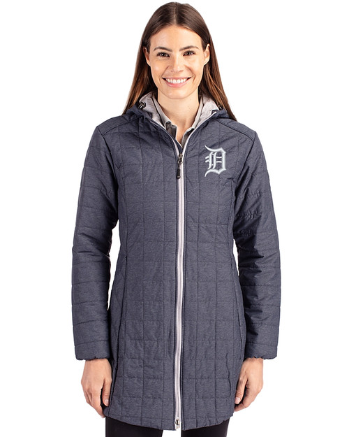 Detroit Tigers Monochromatic Cutter & Buck Rainier Recycled Insulated Puffer Womens Full Zip Hooded Long Coat Anthracite Melange Front