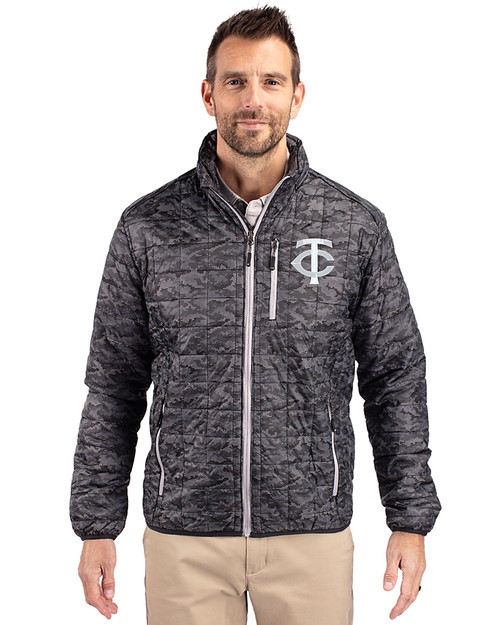 Minnesota Twins Mono Cutter & Buck Rainier PrimaLoft® Mens Eco Insulated Full Zip Printed Puffer Jacket Black Front
