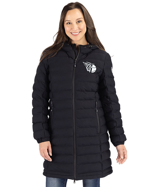 Cleveland Guardians Mono Cutter & Buck Mission Ridge Repreve Eco Insulated Womens Long Puffer Jacket Black Front