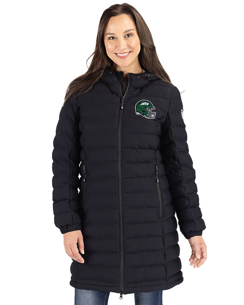 New York Jets NFL Helmet Cutter & Buck Mission Ridge   Repreve® Recycled Insulated Puffer Womens Full Zip Long Jacket Black Front
