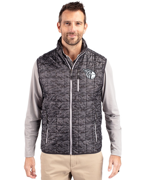 Cleveland Guardians Mono Cutter & Buck Rainier PrimaLoft® Mens Eco Insulated Full Zip Printed Puffer Vest Black Front