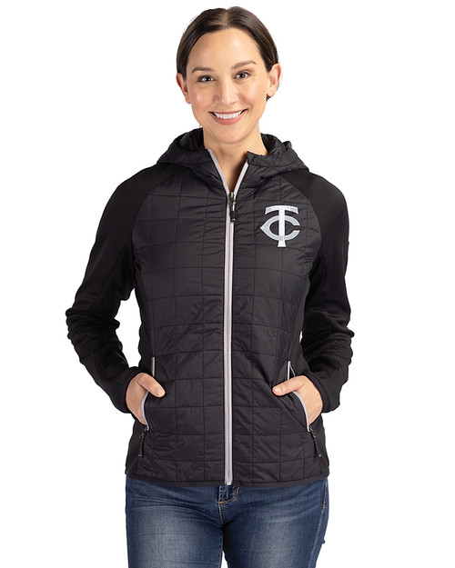 Minnesota Twins Mono Cutter & Buck Rainier Primaloft Womens Eco Full Zip Hybrid Jacket Black Front