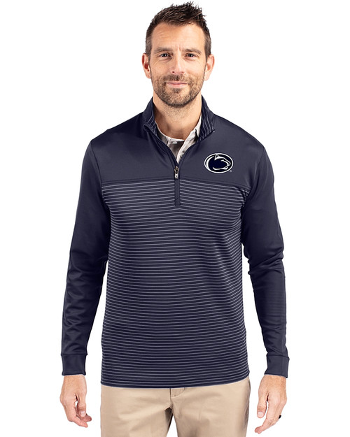 Penn State Nittany Lions Cutter & Buck Traverse Stretch Eco Stripe Quarter Zip Mens Big and Tall Pullover Liberty Navy Front