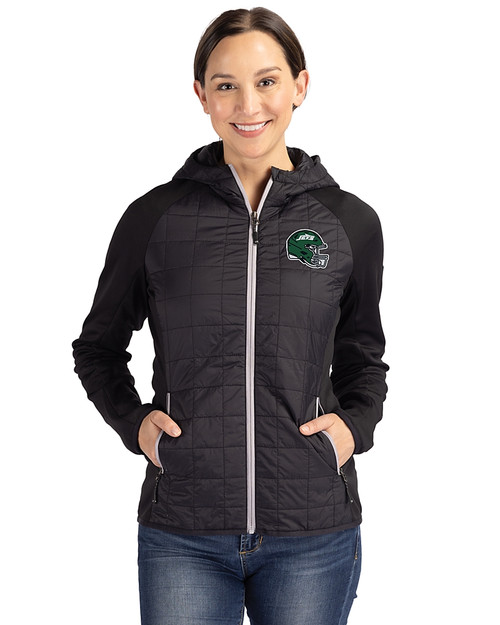 New York Jets NFL Helmet Cutter & Buck Rainier Primaloft Womens Eco Full Zip Hybrid Jacket Black Front