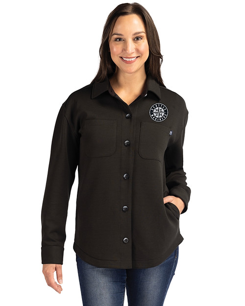 Seattle Mariners Mono Cutter & Buck Roam Epic Versatility Recycled Womens Shirt Jacket Black Front