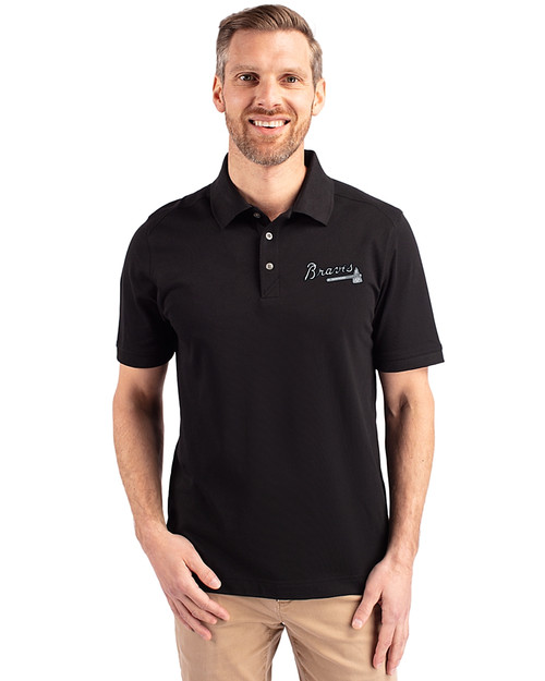 Atlanta Braves Mono Cutter & Buck Advantage Eco Tri-Blend Pique Mens Big and Tall Polo Black Front