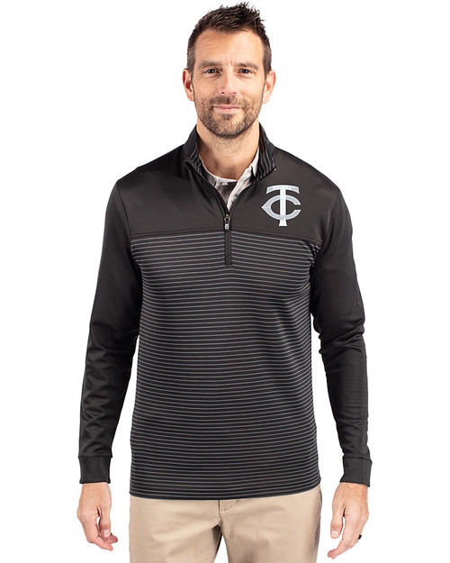 Minnesota Twins Mono Cutter & Buck Traverse Stretch Eco Stripe Quarter Zip Mens Pullover Black Front
