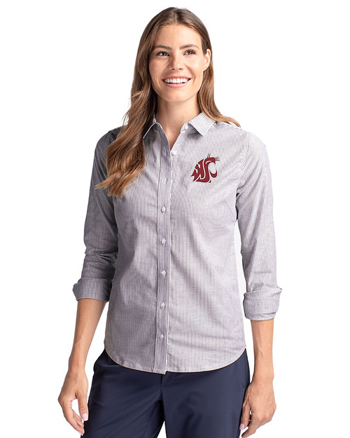 Washington State Cougars Cutter & Buck Stretch Oxford Stripe Womens Long Sleeve Dress Shirt Charcoal Front