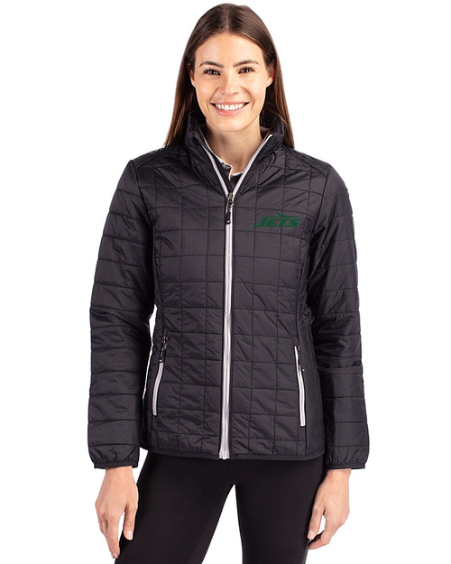 New York Jets Cutter & Buck Rainier PrimaLoft®  Womens Eco Insulated Full Zip Puffer Jacket Black Front