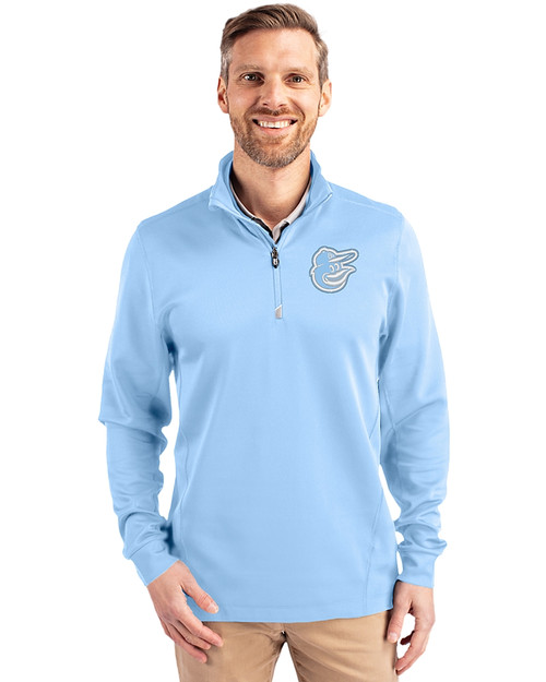 Baltimore Orioles Mono Cutter & Buck Traverse Stretch Eco Quarter Zip Mens Pullover Atlas Light Blue Front