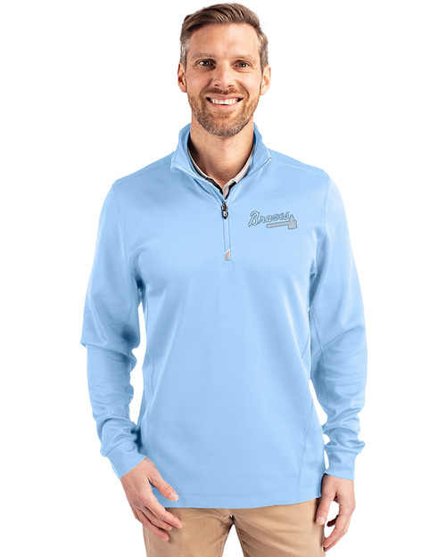 Atlanta Braves Mono Cutter & Buck Traverse Stretch Eco Quarter Zip Mens Pullover Atlas Light Blue Front
