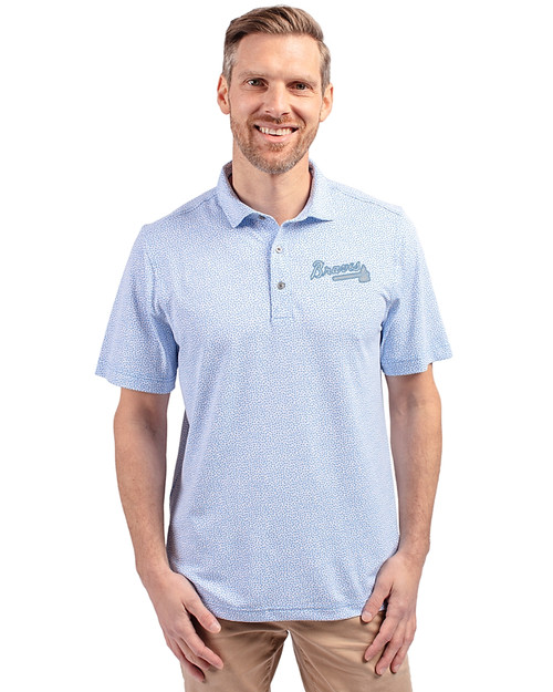 Atlanta Braves Mono Cutter & Buck Virtue Eco Pique Botanical Print Recycled Mens Polo Atlas Light Blue Front