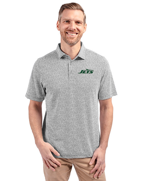 New York Jets Cutter & Buck Virtue Eco Pique Botanical Print Recycled Mens Polo Black Front