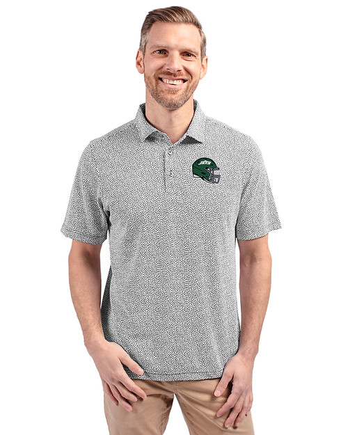 New York Jets NFL Helmet Cutter & Buck Virtue Eco Pique Botanical Print Recycled Mens Polo Black Front