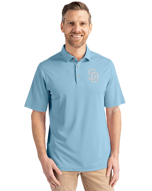 San Diego Padres Mono Cutter & Buck Virtue Eco Pique Recycled Mens Polo Atlas Light Blue Front