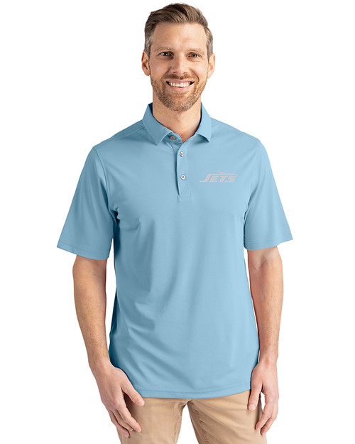 New York Jets Mono Cutter & Buck Virtue Eco Pique Recycled Mens Polo Atlas Light Blue Front