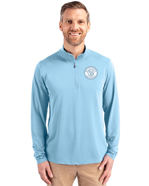 Milwaukee Brewers Monochromatic Cutter & Buck Virtue Recycled Featherlight Pique Mens Quarter Zip Pullover Atlas Light Blue Front
