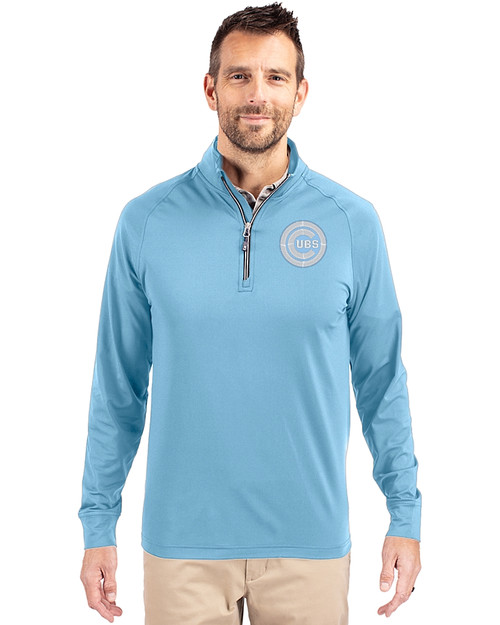 Chicago Cubs Mono Cutter & Buck Adapt Eco Knit Stretch Recycled Mens Quarter Zip Pullover Atlas Light Blue Front