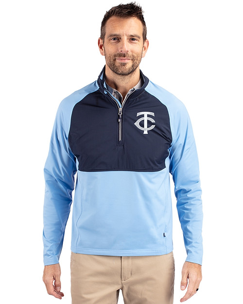 Minnesota Twins Mono Cutter & Buck Adapt Eco Knit Hybrid Recycled Mens Quarter Zip Atlas/Navy Blue Front