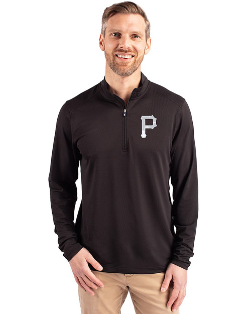 Pittsburgh Pirates Mono Cutter & Buck Virtue Eco Pique Recycled Quarter Zip Mens Big & Tall Pullover Black Front