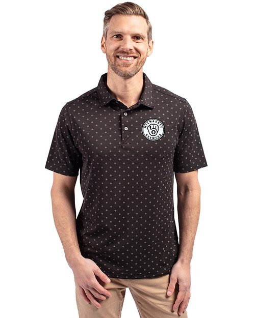 Milwaukee Brewers Mono Cutter & Buck Virtue Eco Pique Tile Print Recycled Mens Big & Tall Polo Black Front