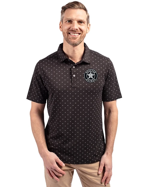 Houston Astros Monochromatic Cutter & Buck Virtue Recycled Tile Print Featherlight Pique Mens Big & Tall  Polo Black Front