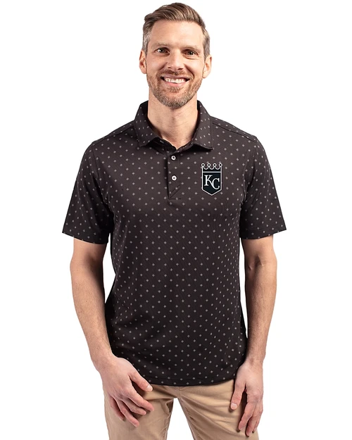Kansas City Royals Mono Cutter & Buck Virtue Eco Pique Tile Print Recycled Mens Big & Tall Polo Black Front