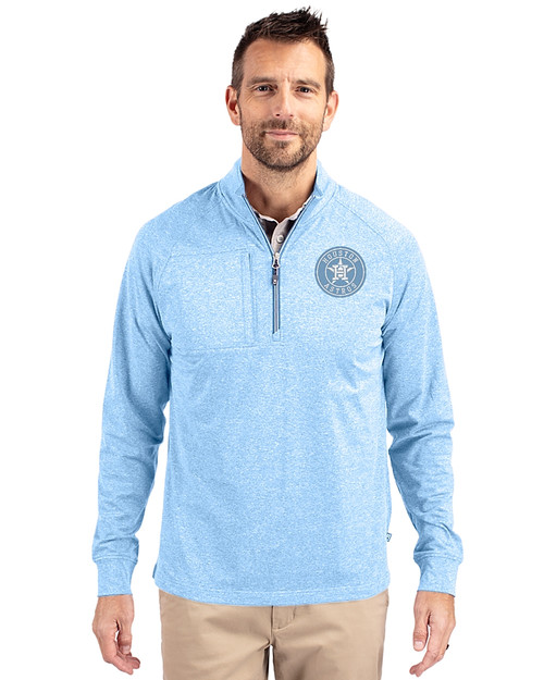 Houston Astro Mono Cutter & Buck Adapt Eco Knit Heather Mens Quarter Zip Pullover Atlas Heather Front