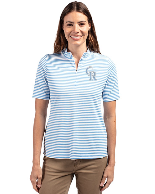 Colorado Rockies Mono Cutter & Buck Virtue Eco Pique Stripe Recycled Womens Top Atlas Light Blue Front