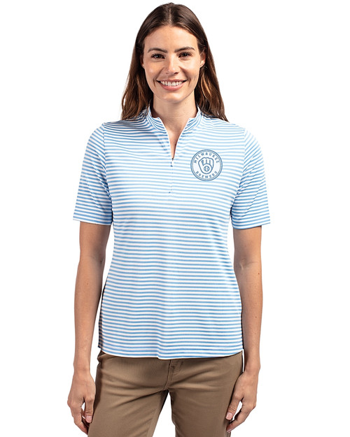 Milwaukee Brewers Mono Cutter & Buck Virtue Eco Pique Stripe Recycled Womens Top Atlas Light Blue Front