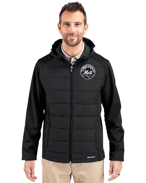 New York Mets Mono Cutter & Buck Evoke Hybrid Eco Softshell Recycled Full Zip Mens Big & Tall Hooded Jacket Black Front