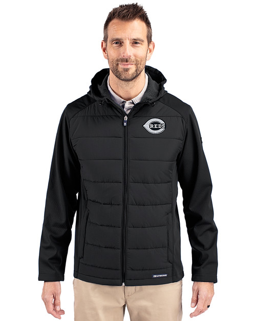 Cincinnati Reds Mono Cutter & Buck Evoke Hybrid Softshell Recycled Full Zip Mens Hooded Jacket Black Front
