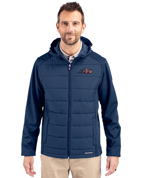 New York Jets Americana - Cutter & Buck Evoke Hybrid Softshell Recycled Full Zip Mens Hooded Jacket Navy Blue Front