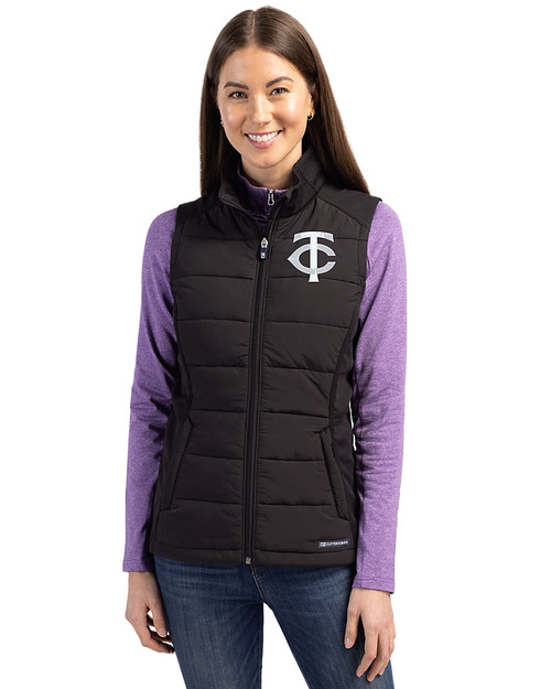 Minnesota Twins Mono Cutter & Buck Evoke Hybrid Softshell Recycled Womens Full Zip Vest Black Front