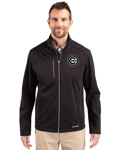 Chicago Cubs Mono Cutter & Buck Evoke Softshell Recycled Full Zip Mens Jacket Black Front