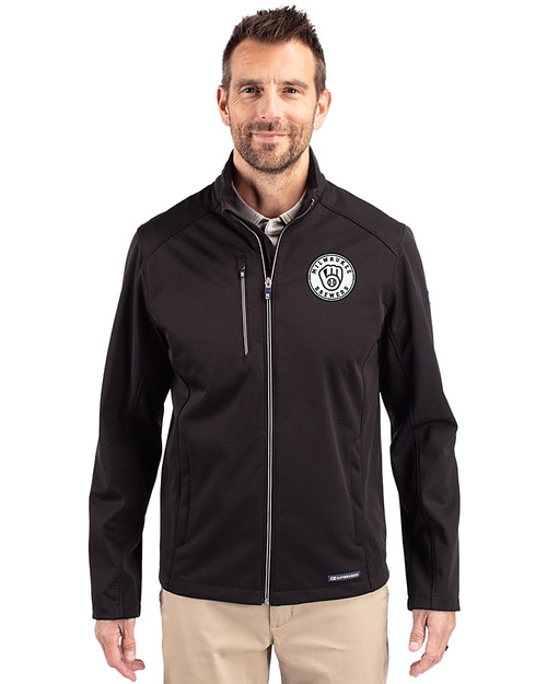 Milwaukee Brewers Mono Cutter & Buck Evoke Softshell Recycled Full Zip Mens Jacket Black Front