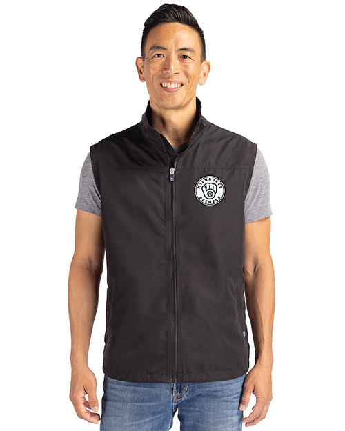 Milwaukee Brewers Monochromatic Cutter & Buck Charter Recycled Packable Mens Full Zip Vest Black Front