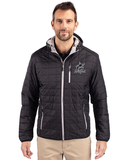 Miami Marlins Mono Cutter & Buck Rainier Primaloft Eco Mens Full Zip Hooded Jacket Black Front