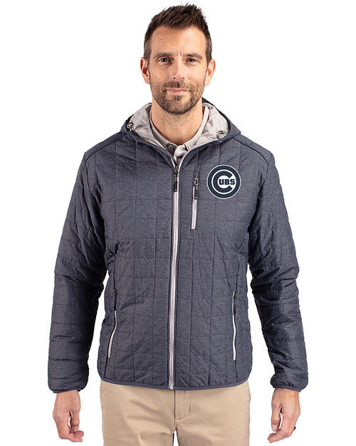 Chicago Cubs Mono Cutter & Buck Rainier Primaloft Eco Mens Full Zip Hooded Jacket Anthracite Melange Front
