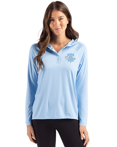 Philadelphia Phillies Mono Cutter & Buck Coastline Epic Comfort Recycled Womens Hooded Shirt Atlas Light Blue Front