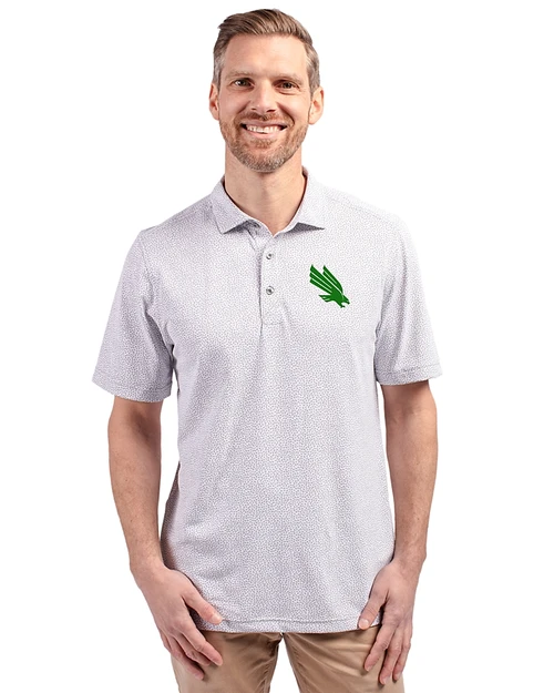 North Texas Mean Green Cutter & Buck Virtue Eco Pique Botanical Print Recycled Mens Polo Polished Medium Gray Front