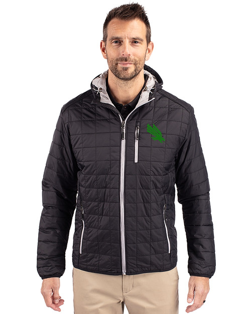 North Texas Mean Green Cutter & Buck Rainier Primaloft Eco Mens Full Zip Hooded Jacket Black Front