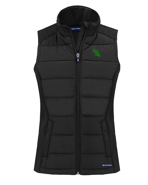 North Texas Mean Green Cutter & Buck Evoke Hybrid Softshell Recycled Womens Full Zip Vest BL_MANN_HG 