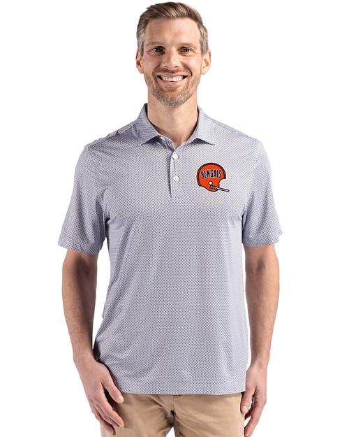 Cincinnati Bengals Historic Cutter & Buck Pike Eco Diamond Dot Print Recycled Mens Big & Tall Polo Black Front