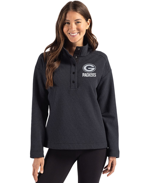 Green Bay Packers Mono Cutter & Buck Hunts Point Eco Textured Fleece Recycled Womens Snap Pullover Black Front