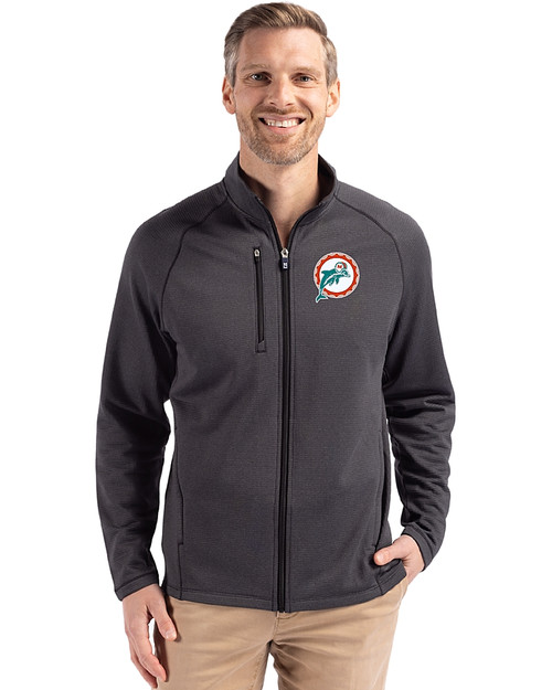 Miami Dolphins Historic Cutter & Buck Peshastin Fleece Recycled Mens Full Zip Jacket Black Heather Front