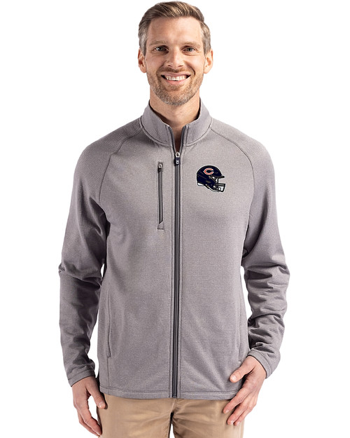 Chicago Bears NFL Helmet Cutter & Buck Peshastin Fleece Recycled Mens Full Zip Jacket Elemental Grey Heather Front