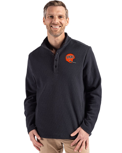 Cincinnati Bengals Historic Cutter & Buck Hunts Point Eco Textured Fleece Recycled Mens Snap Pullover Black Front